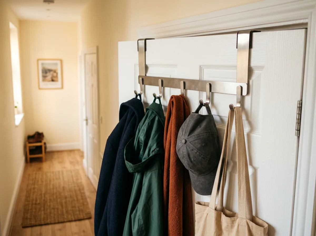 Over-door hook rail on a white door holding coats, a hat and a tote bag in a small rental entryway.