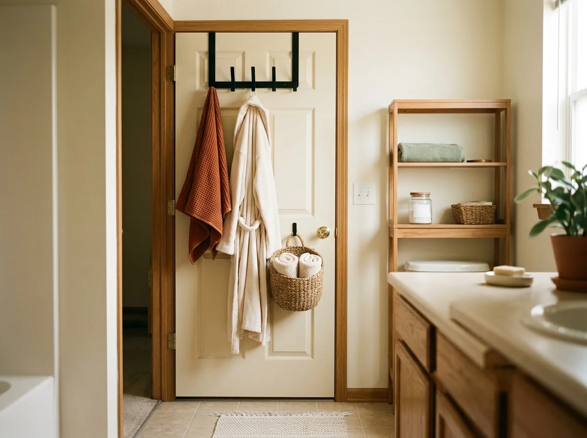 Bathroom organization for small spaces renters — an over-door hook rail adds towel and basket storage behind the door with no drilling