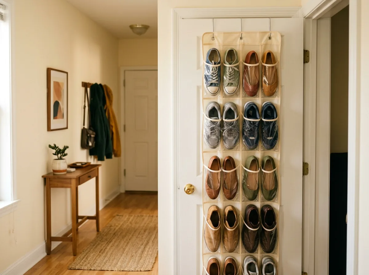Clear over-door pocket organizer filled with shoes hanging on a hallway door in a small rental apartment.