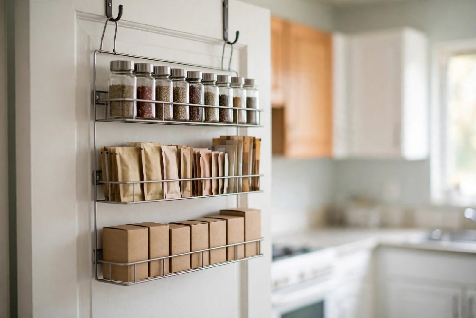 Kitchen organization no pantry — an over-door rack adds pantry storage for renters without drilling