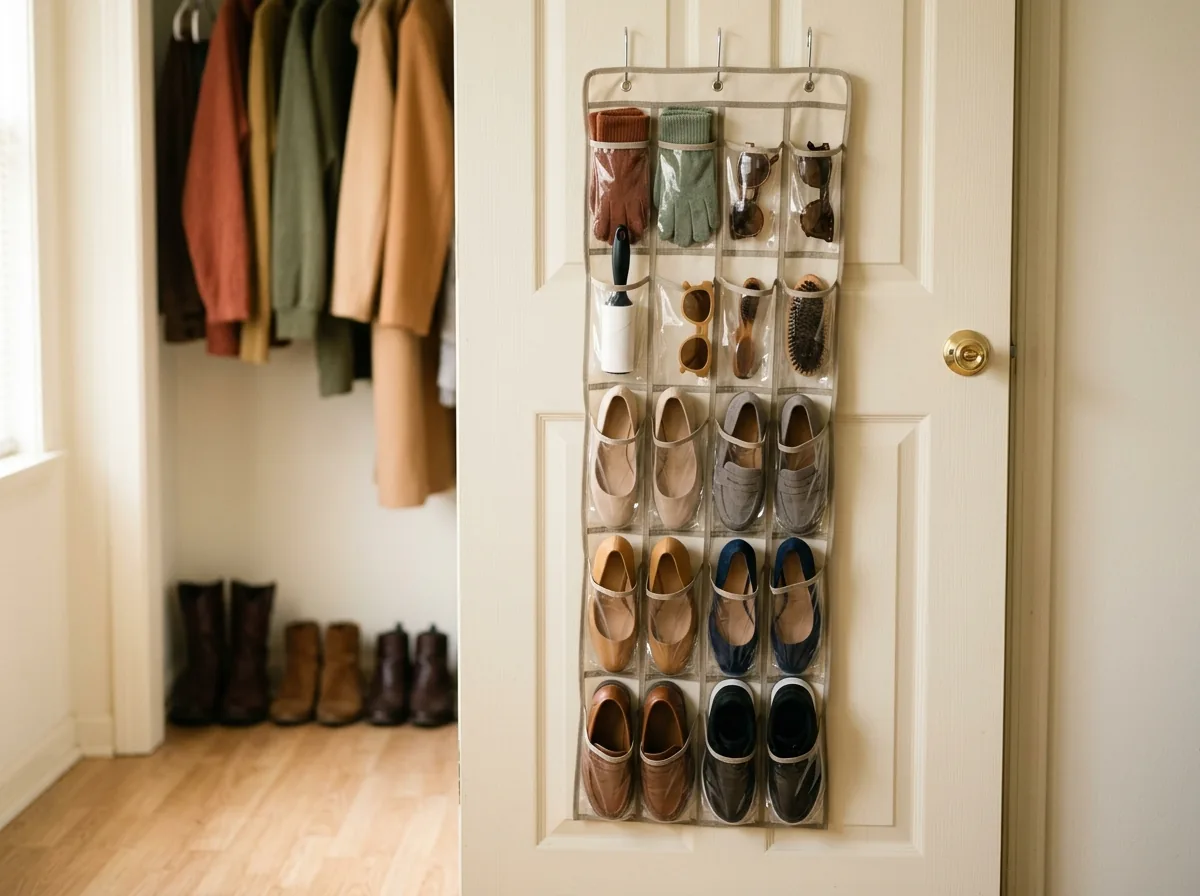 Clear over-door organizer on a closet door holding shoes in the big pockets and gloves and sunglasses in the small ones