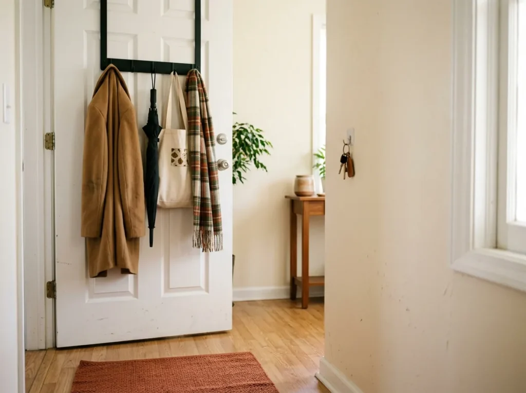No-drill entryway storage for renters — an over-the-door hook rack holding guest coats, an umbrella and a tote in a tiny fall entryway