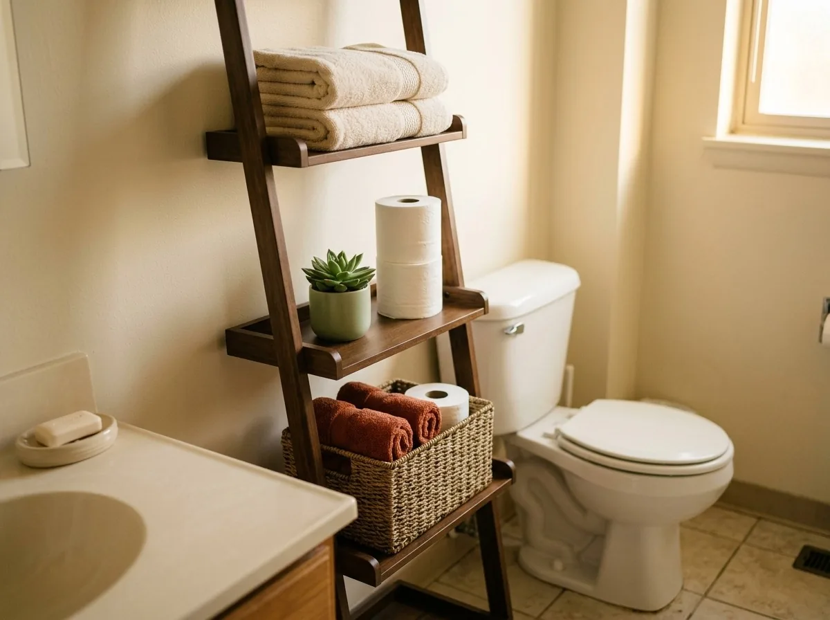 Small bathroom organization ideas over toilet — a leaning ladder shelf stores towels, spare rolls and a guest basket with zero drilling