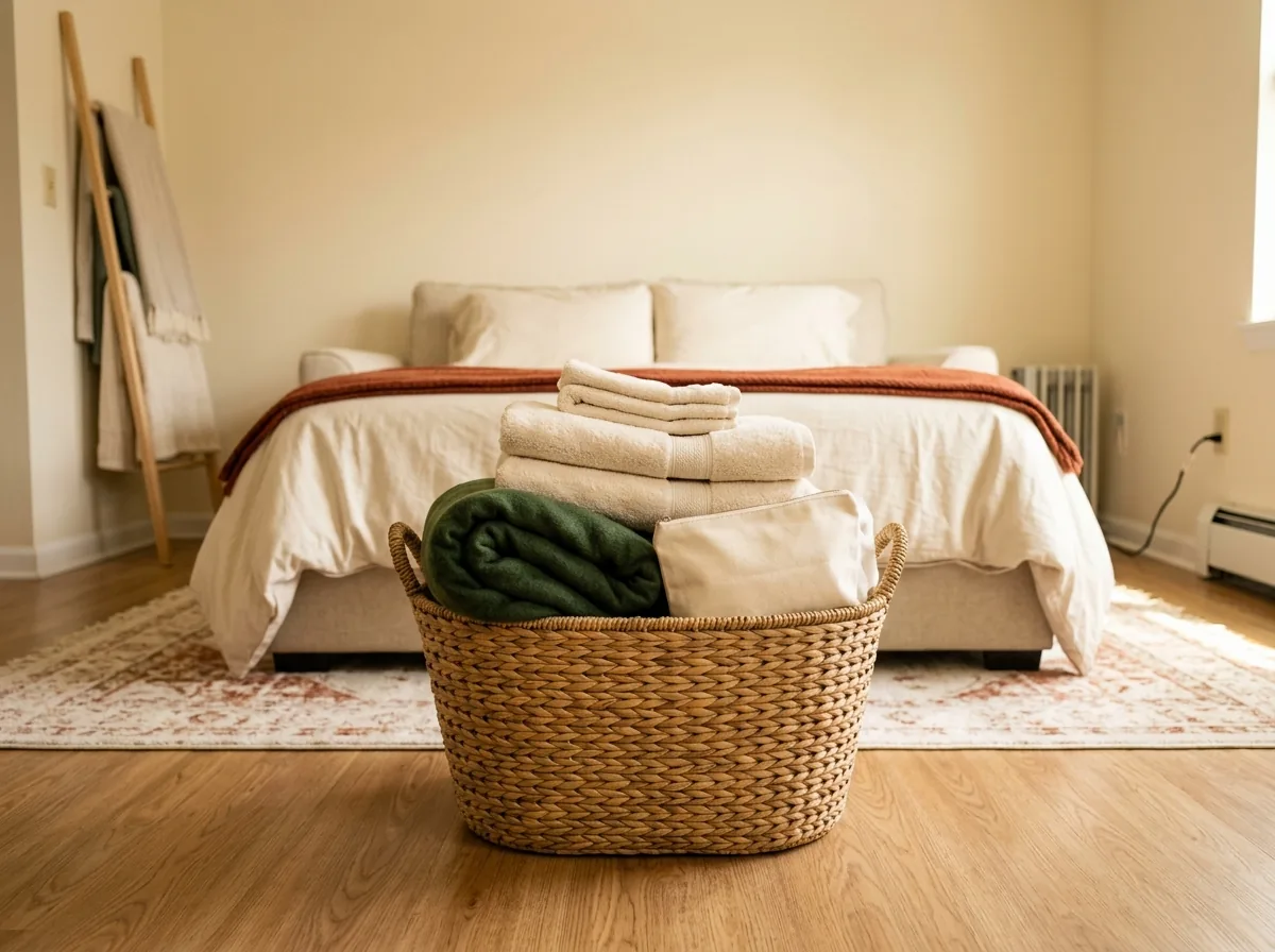 The overnight guest basket for a small apartment — towel set, toiletries, charger, water and a spare blanket packed and ready in one basket