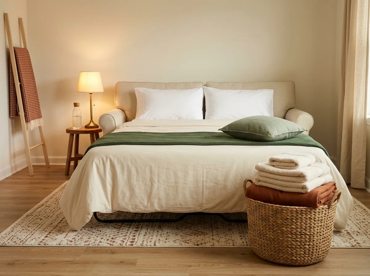 Overnight guest ideas with no guest room — a sofa bed made up like a real bed with a guest basket, nightstand stool and warm lamplight in a small apartment