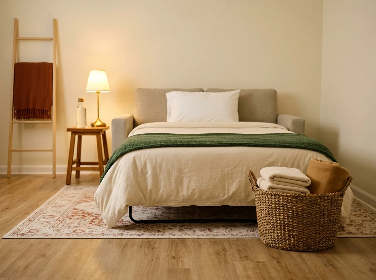 Overnight guest ideas with no guest room — a sofa bed made up early with a guest basket of towels, bedding and a water carafe