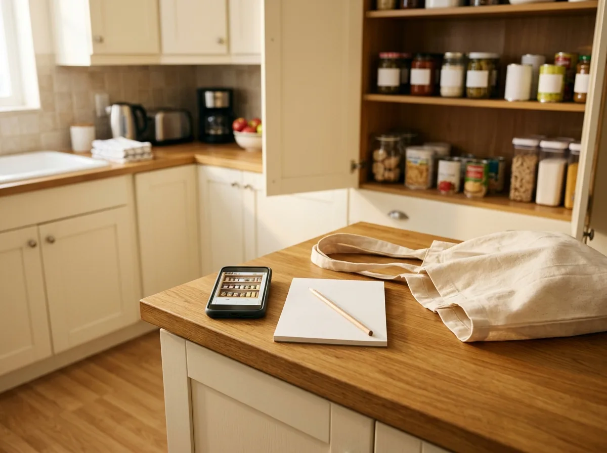 Taking a photo of your pantry zone before grocery shopping to avoid duplicate buys in a small kitchen with no pantry