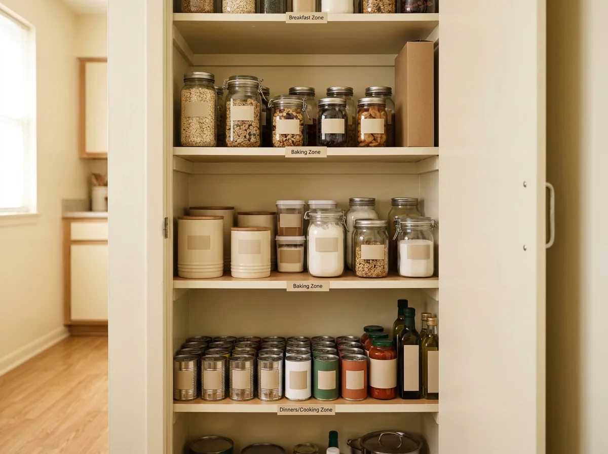 Mistake fixed: pantry shelves zoned by meal — breakfast, baking and tins grouped with labels facing out