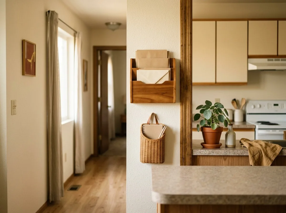 Evict the paper pile — a wall-mounted file by the door keeps mail and paperwork off a small kitchen counter for good
