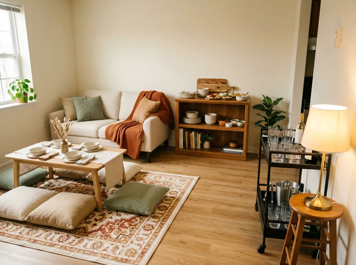 Small space holiday hosting tips with no dining room — one small living room zoned into eating, drinks and seating areas for a party