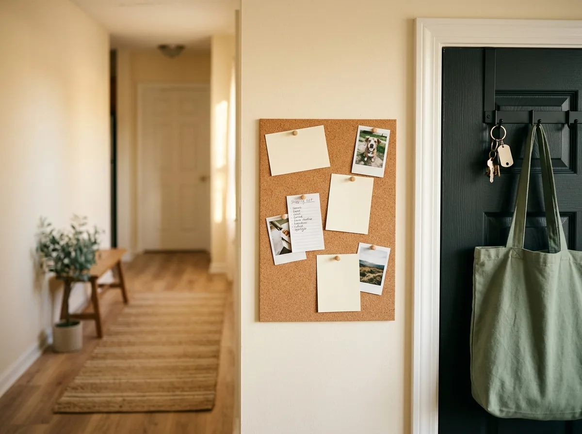 Peel-and-stick memo board beside a front door with notes and lists in a small rental entryway.