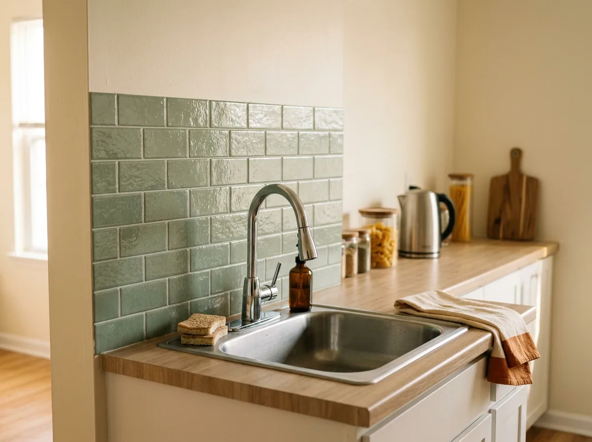 Peel-and-stick tile splashback behind a rental kitchen sink, a wipeable no-drill kitchen upgrade.