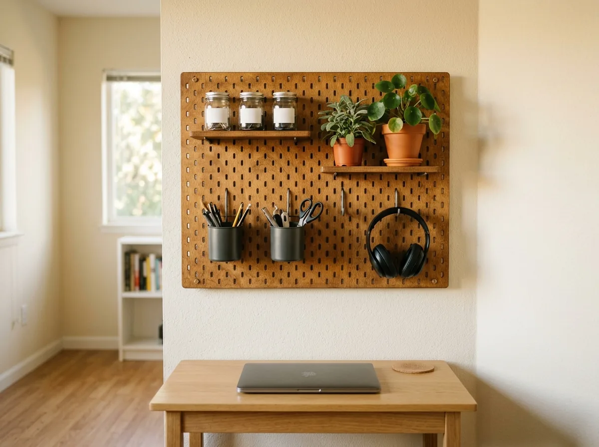 Wooden pegboard above a small desk holding shelves, jars and headphones, desk surface clear.