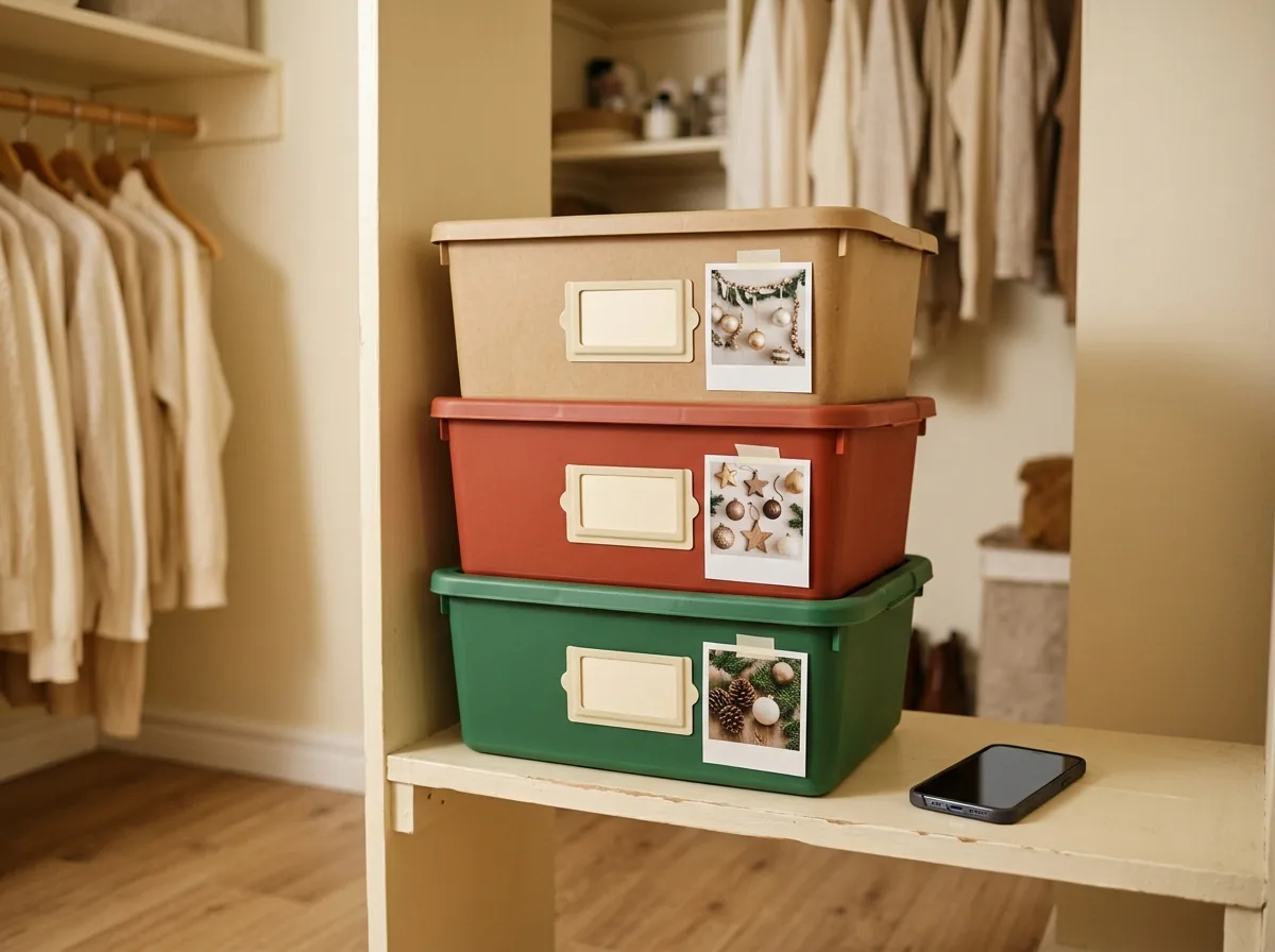 Photo labels on Christmas storage bins — a small photo of the contents taped to each bin next to a plain label card