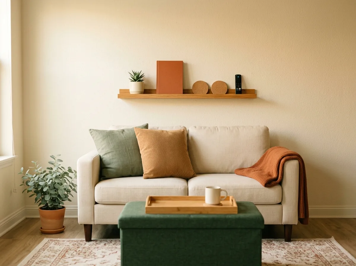 A shallow picture ledge above a sofa stores the remote, coasters and the book of the week without using any floor space