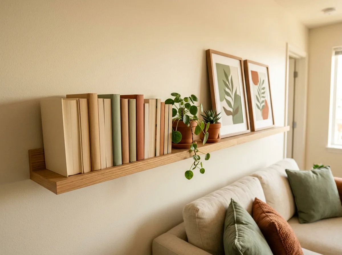 Lightweight picture ledge mounted with adhesive hanging strips holding books, small plants and framed prints.