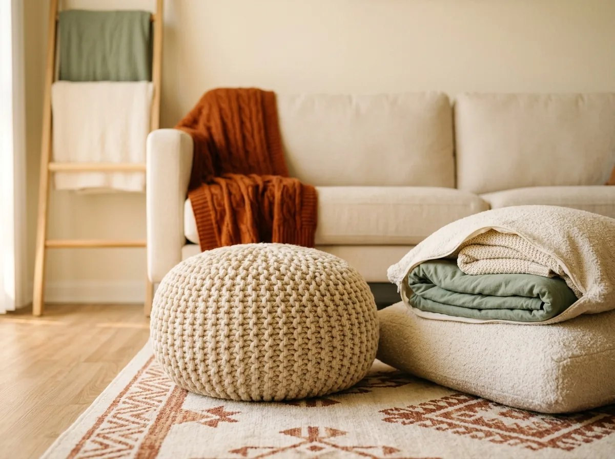 A pouf and floor cushion stuffed with spare blankets — cushion covers with secret textile storage for a small living room