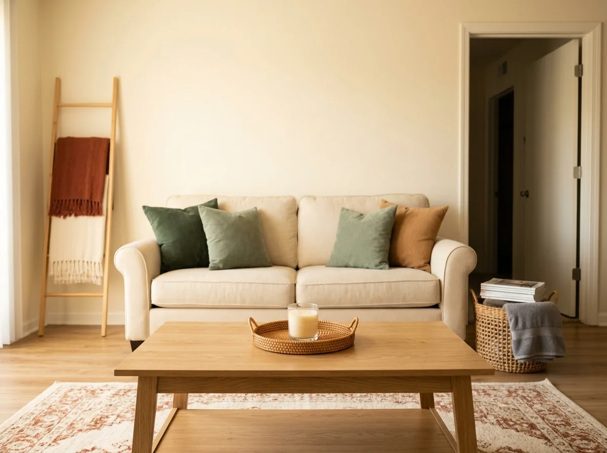 The 30-minute pre-guest declutter sweep — clear surfaces and one basket of clutter leaving a small apartment living room before hosting