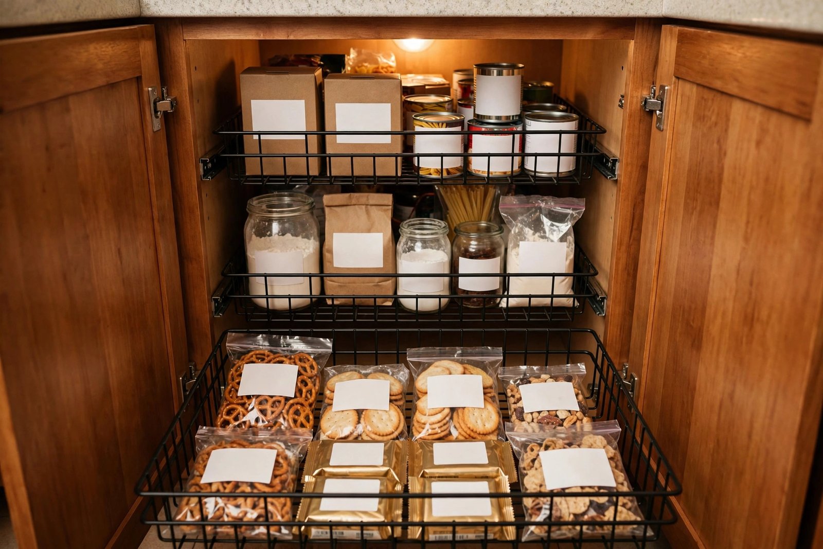 Small kitchen organization no pantry — pull-out bins turn a deep cabinet into a pantry with reachable categories