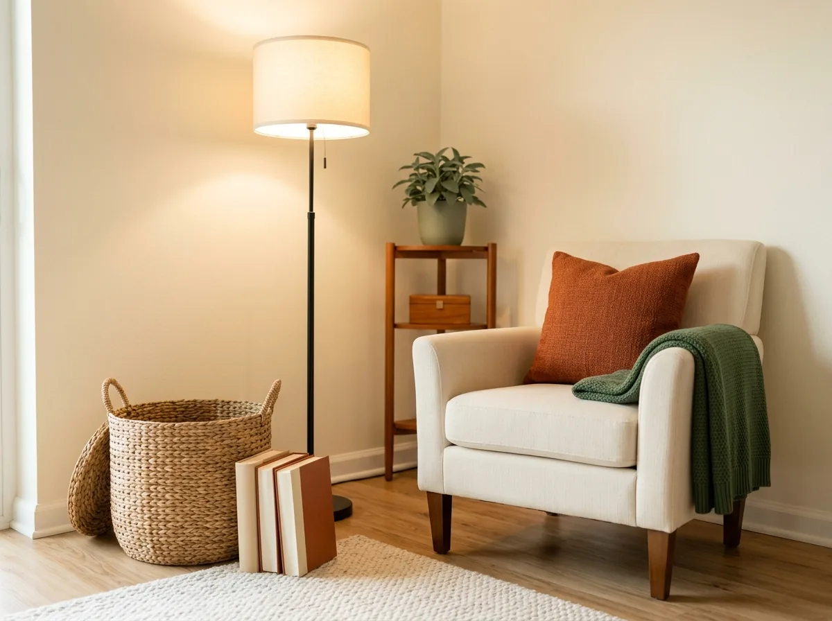 A cozy reading nook for a small living room — armchair, warm floor lamp and a lidded basket that stores books and chargers in the corner