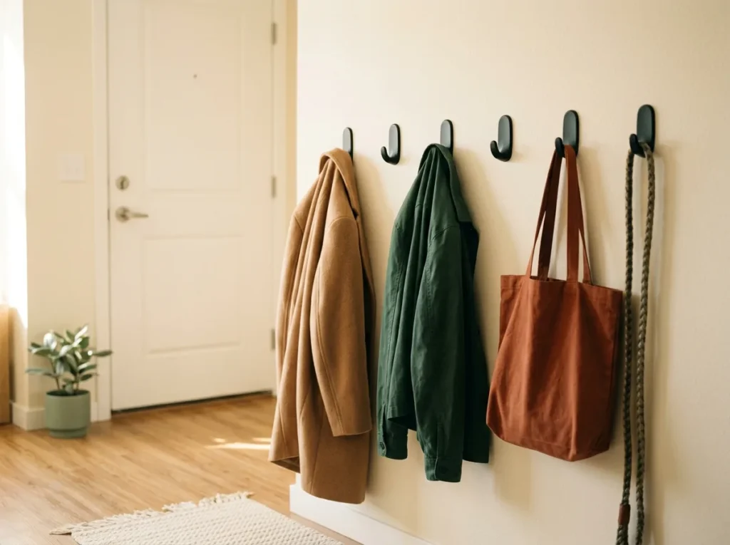 Fall entryway organization for renters — a row of removable adhesive hooks holding coats, a tote and a dog leash in a small apartment entryway with no mudroom