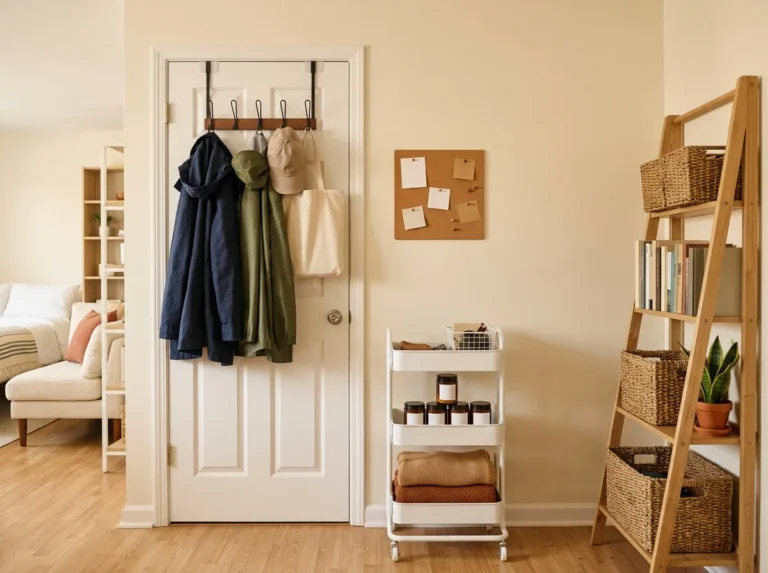Wide entryway wall in a small rental fully organized with over-door hooks, a rolling cart and a ladder shelf, all no-drill and deposit-safe.