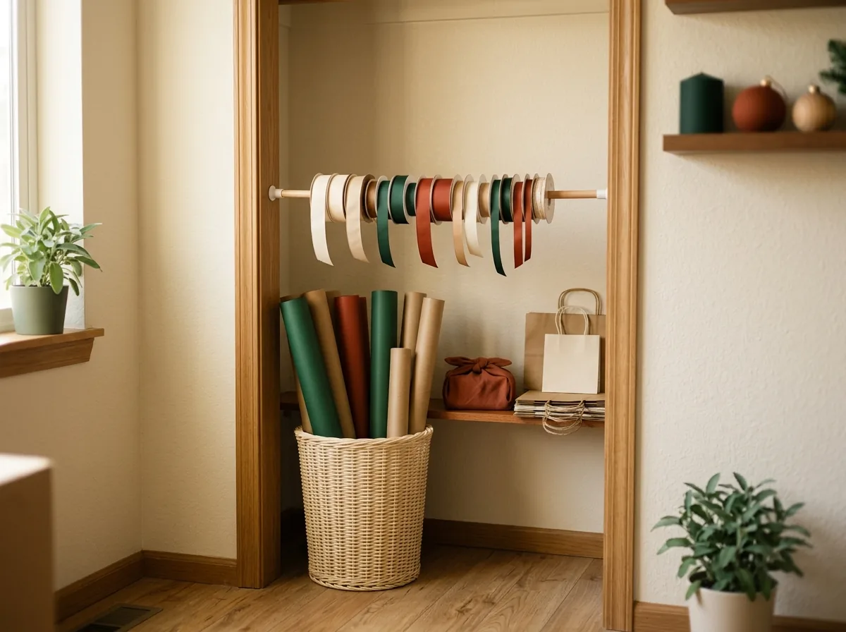 Store ribbon with the wrapping paper — ribbon spools on a rod above the wrap rolls in the gift wrap station