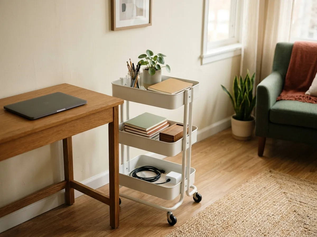 Slim rolling cart parked beside a small desk as an office supply sidecar.