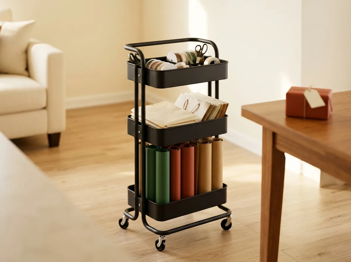 Rolling cart gift wrap caddy for a small apartment — rolls upright in the bottom tier, tissue and tools above, wraps anywhere and parks in a corner
