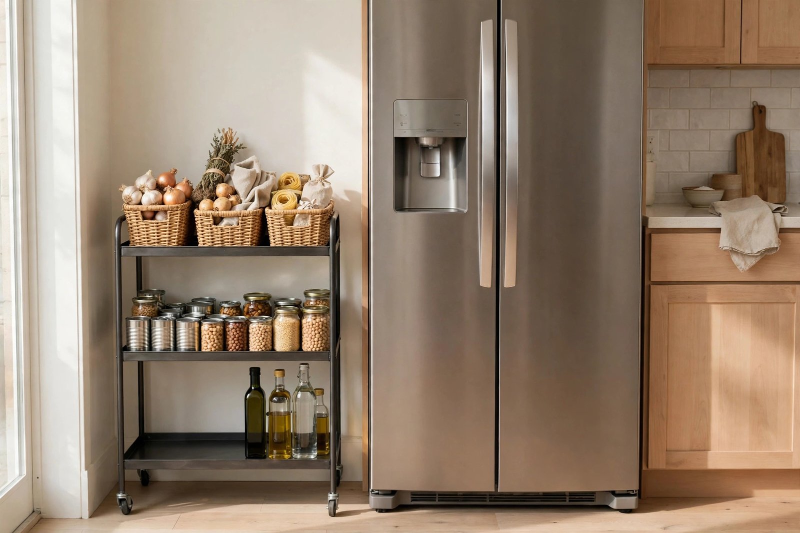 Rolling cart pantry for a small kitchen with no pantry — three tiers of food storage beside the fridge