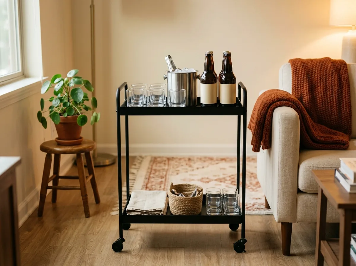 A rolling drink cart station in the living room keeps guests out of the kitchen when entertaining in a small apartment