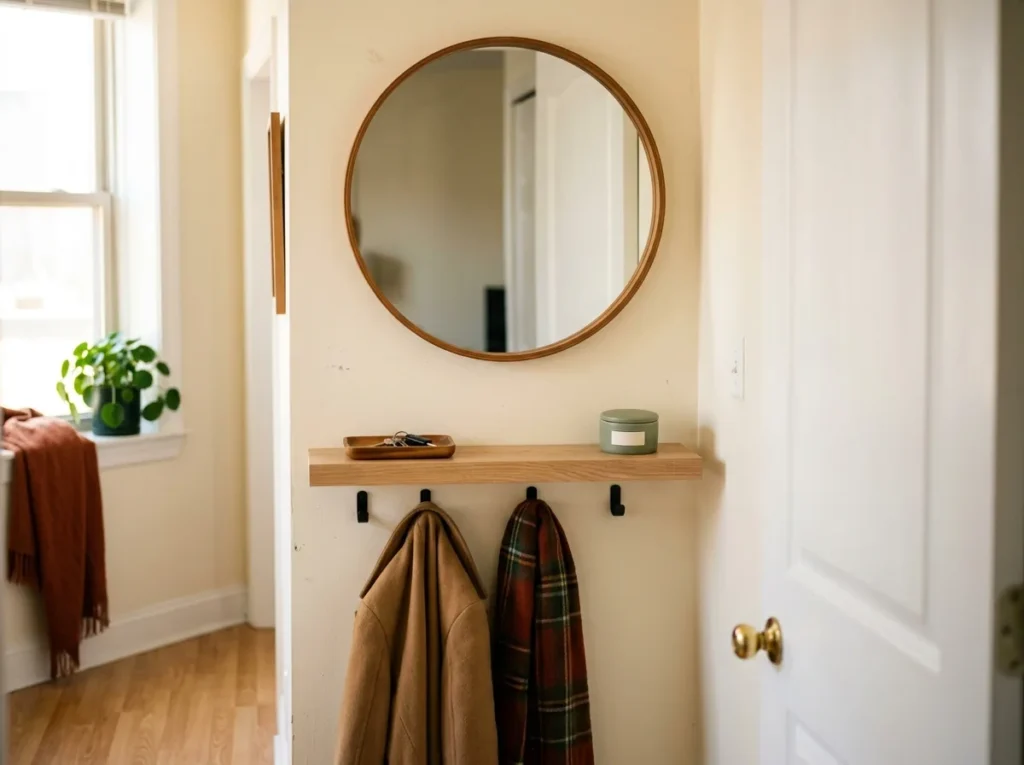 Small entryway idea to make it feel bigger — a round mirror above the drop zone bouncing light around a tiny apartment entryway