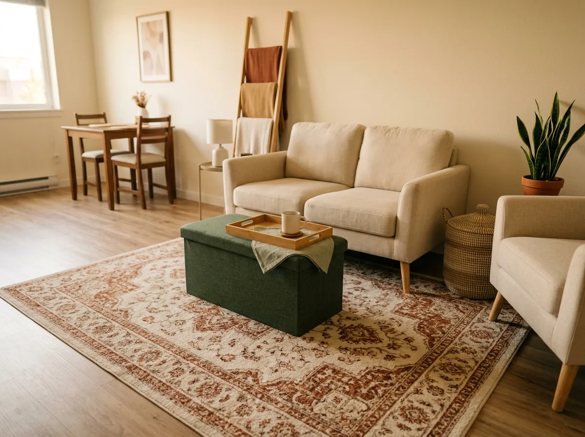 A large rug defines one living room zone in a small open-plan apartment so the storage inside the zone reads as intentional