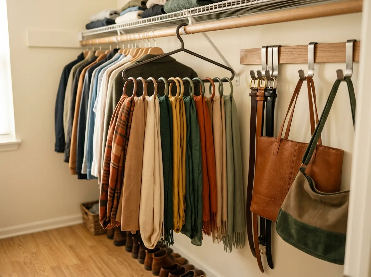 Scarves hanging from shower rings on a hanger, with belts on a hook and bags beside them in a small closet