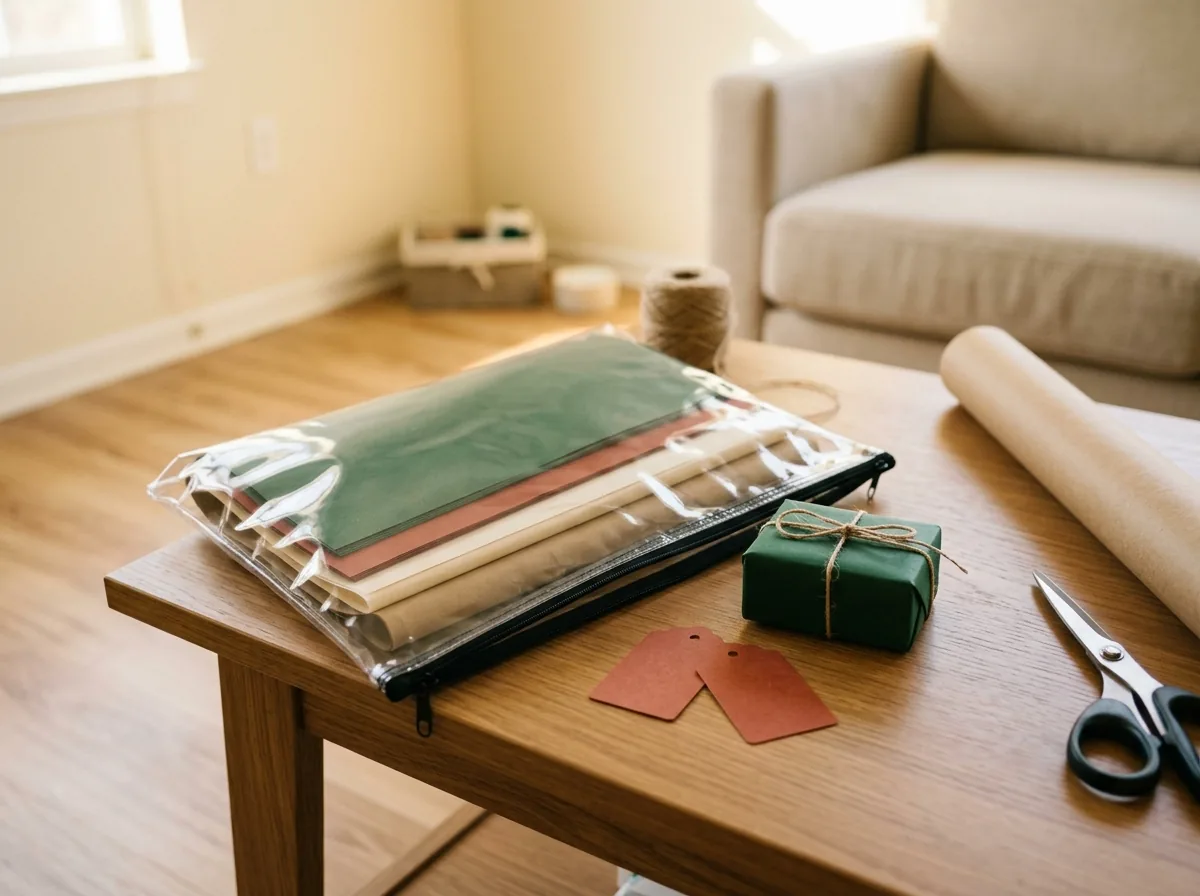 Scrap wrapping paper storage in one envelope — offcuts saved for small gifts, bottle wraps and DIY gift tags instead of the bin