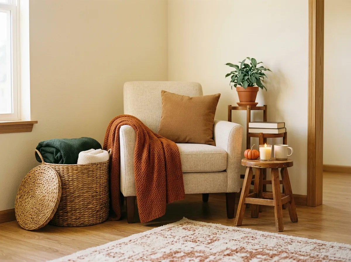 A living room corner re-styled for fall with rust throws, heavier blankets in a basket, a small pumpkin and candlelight
