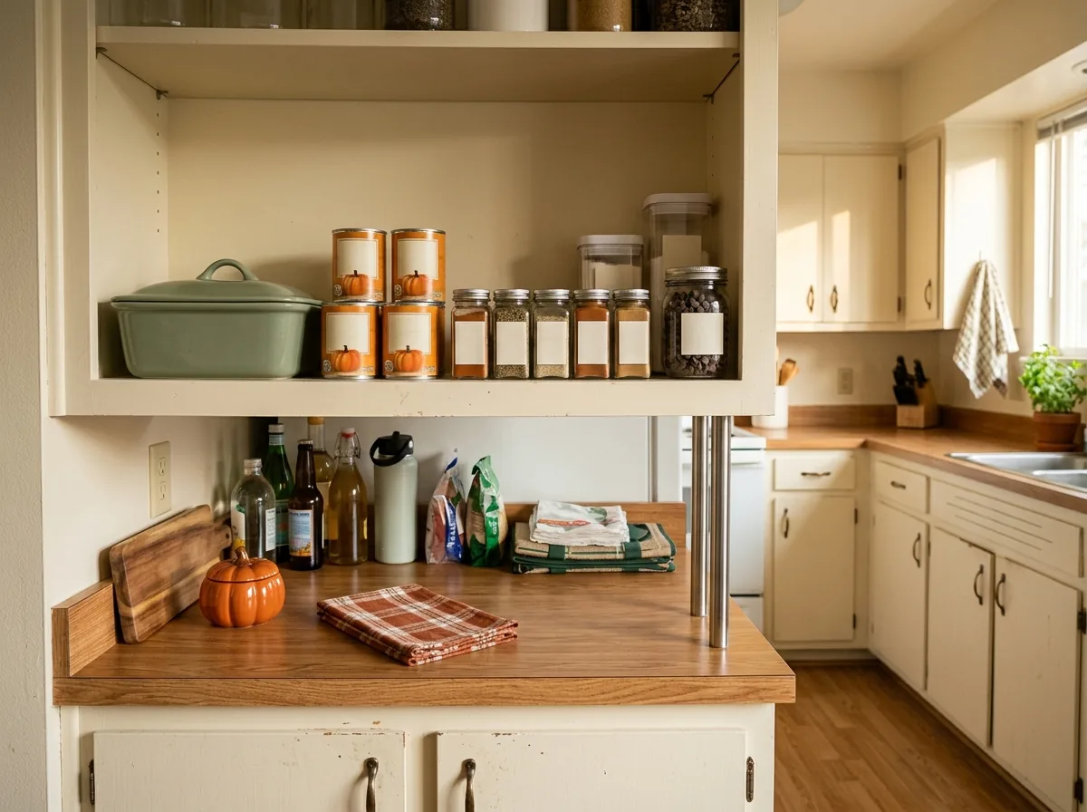Fall pantry re-zone: baking supplies and stock-up items moved to the easy-reach shelf in a small kitchen with no pantry