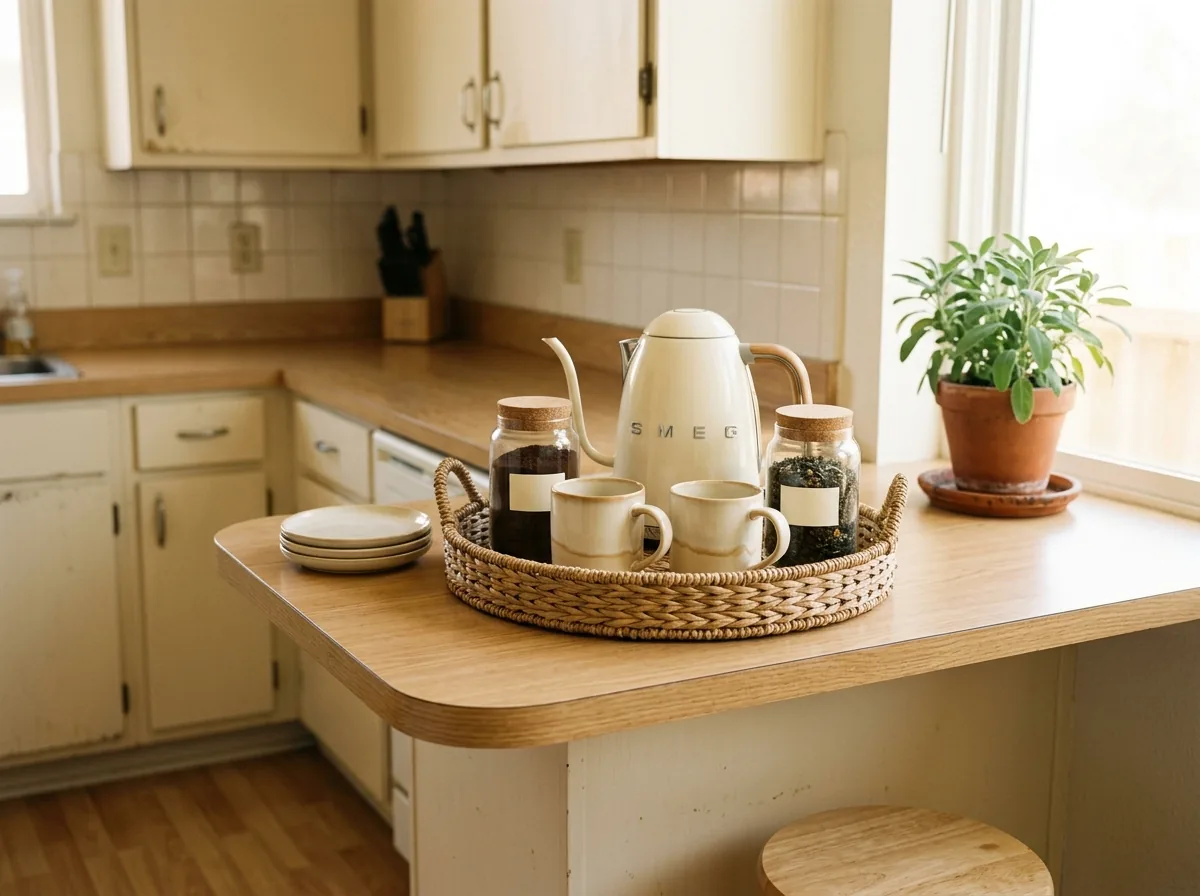 A self-serve coffee station lets overnight guests start their morning without waking the host in a small apartment