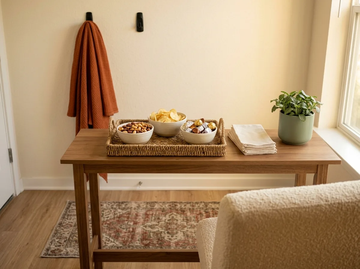 A self-serve snack station on an entry console keeps small apartment party guests fed and out of the kitchen