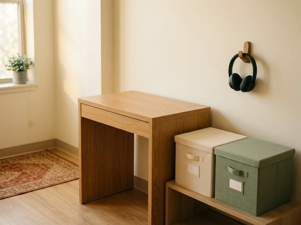 Shared study corner with one storage box per person and a headphone hook on the wall.