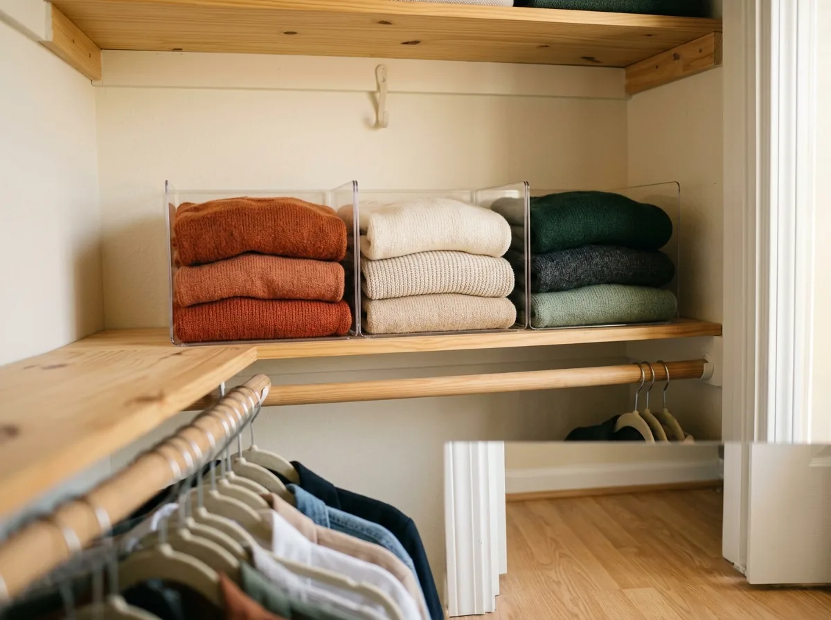 Folded sweaters in three shelf bays separated by clear shelf dividers in a small closet