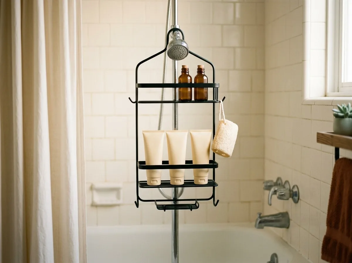 A hanging shower caddy with matching bottles and guest minis replaces the crowded tub edge in a small bathroom