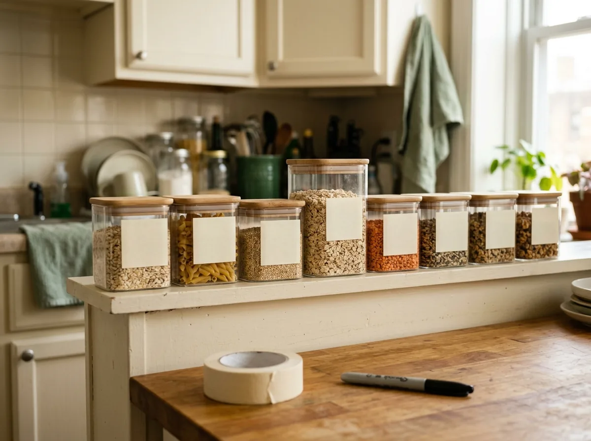 Simple blank front labels on clear pantry containers, with masking tape and a marker ready — small kitchen organization that stays tidy