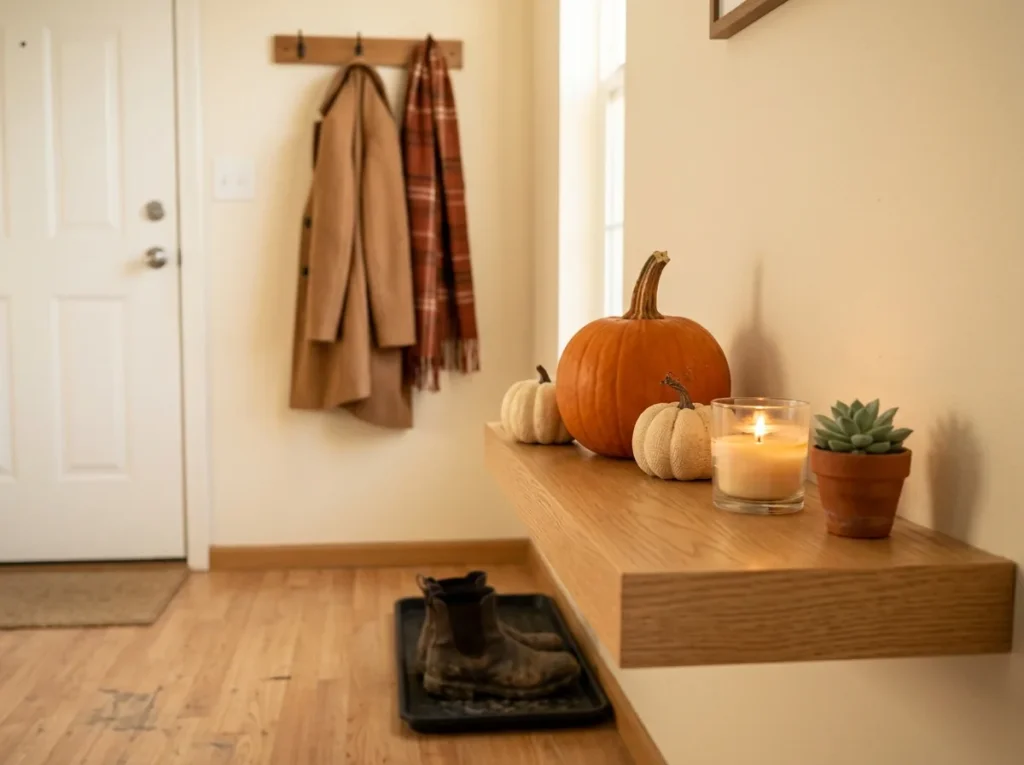 Simple fall entryway styling — one real pumpkin grouped with two small cream pumpkins and a candle on a tiny entryway shelf