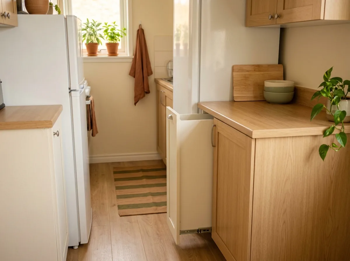 Slim slide-out pantry cabinet sitting flush in the fridge gap, showing only a plain panel front in a tidy kitchen.