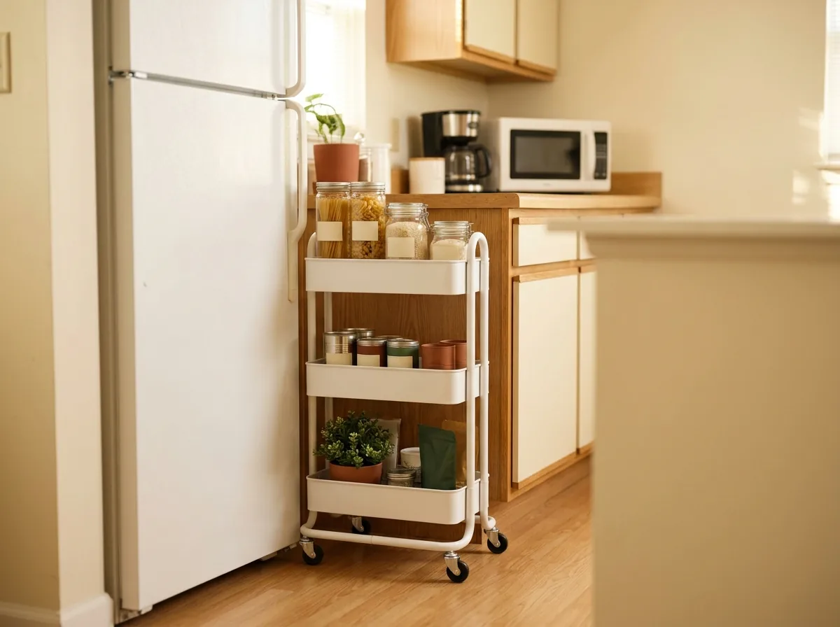 Slim three-tier rolling cart tucked into the gap beside a fridge, stocked as a small pantry.