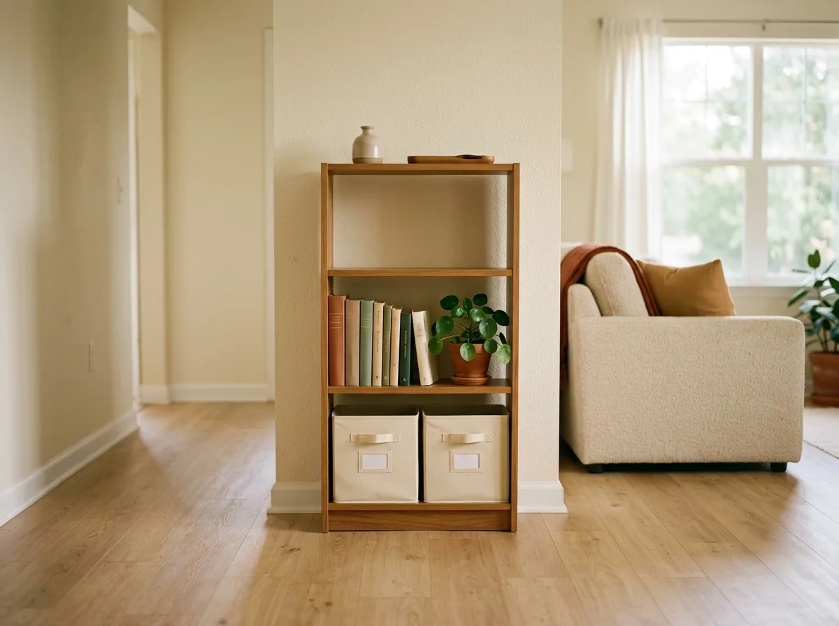 Mistake fixed: slim shallow storage furniture hugging the wall instead of an oversized storage unit