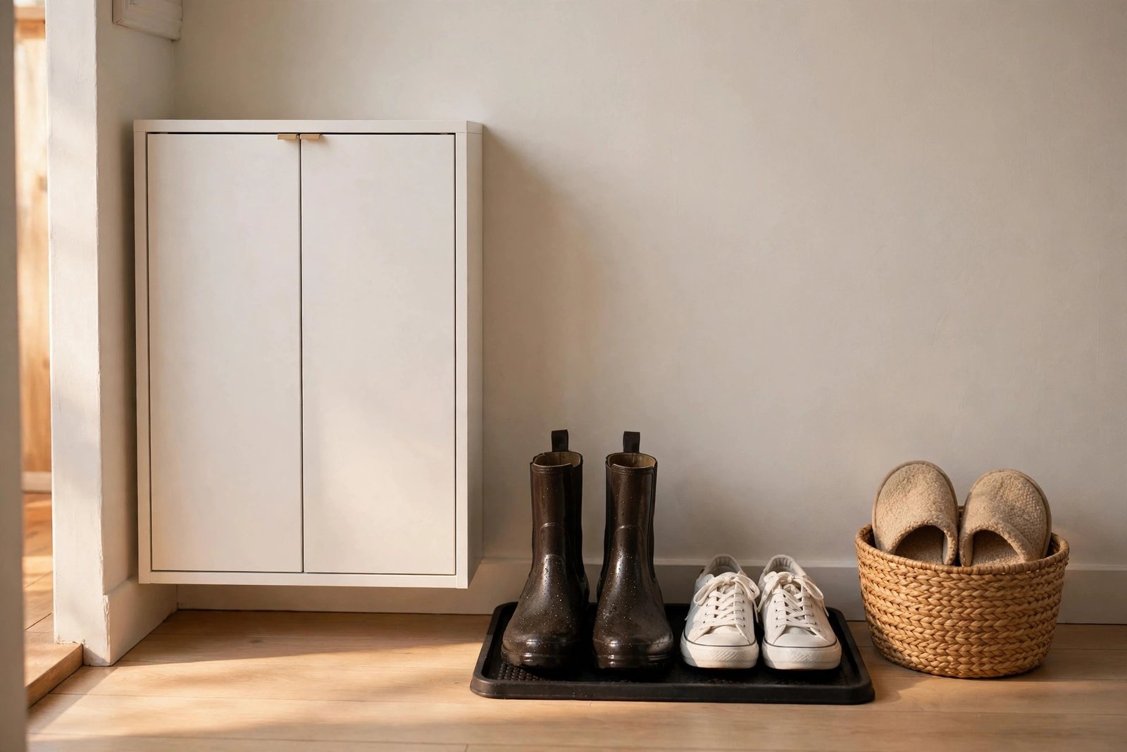 Entryway storage for renters — slim closed shoe cabinet and boot tray in a small apartment entryway in fall