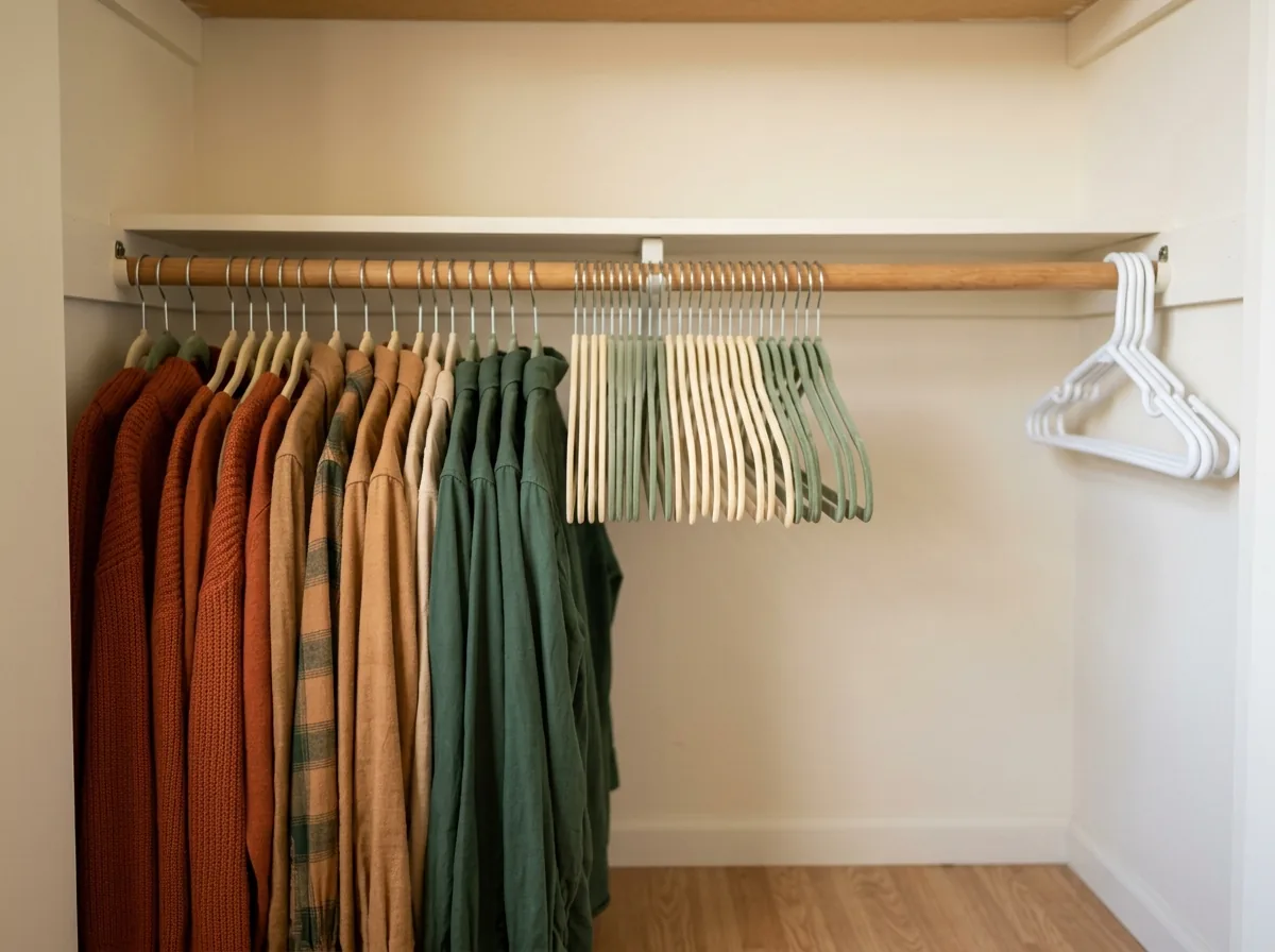 Row of slim velvet hangers holding fall sweaters in a small closet, evenly spaced with no wasted rail room