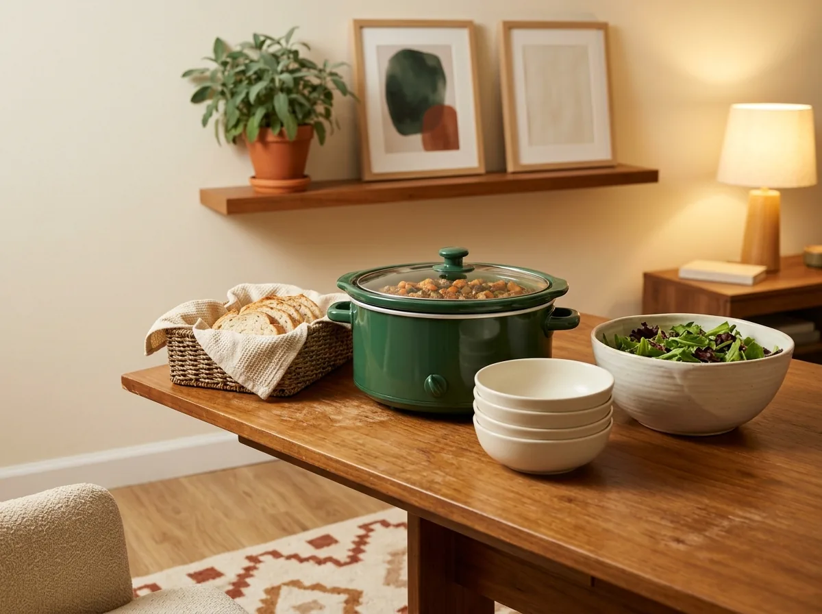 One big-batch slow cooker main feeds eight guests in a small apartment — buffet-style serving with bread and salad on a sideboard